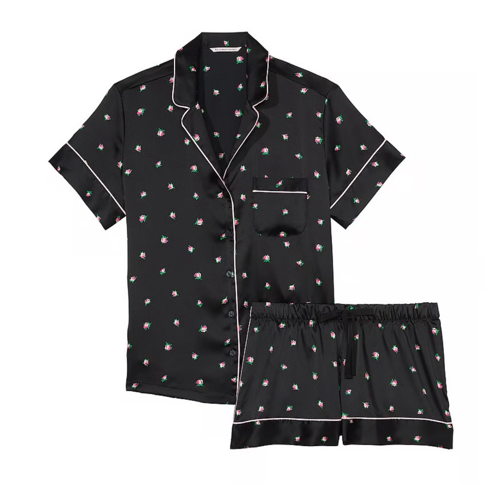 VICTORIA'S SECRET - Satin Short Pajama Set - (Black Rosebuds)